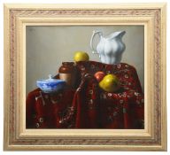 Israel Zohar (b.1945)'Still life with apple and pitcher' oil on canvas
