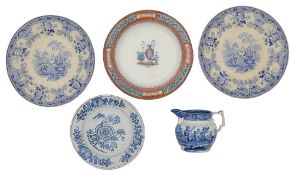 An 18th century Delft blue and white chinoiserie plate and a selection of 19th century ceramics