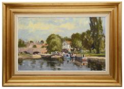 John Neale (English School, 20th c) 'River scene with canal boats'