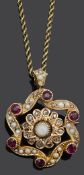 A Edwardian style opal, rose diamond and ruby scroll pendant brooch