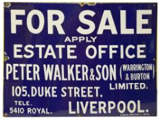 A vintage enamel 'FOR SALE' sign for Peter Walker & Son,
