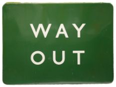 A BR(S) enamel sign displaying 'WAY OUT',with white lettering on green groundheight 45.7cm, width