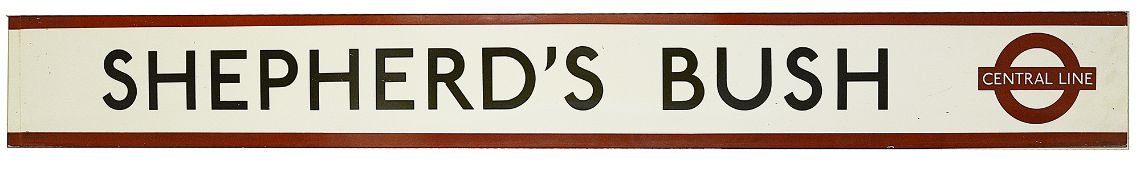 A London Underground enamel station frieze sign for Shepherd's Bush,black lettering on white