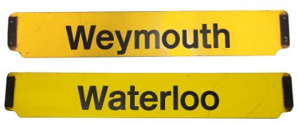 A double-sided enamel railway cab plate for Waterloo / Weymouth