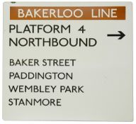 A London Underground enamel directional sign displaying 'BAKERLOO LINE / PLATFORM 4 / NORTHBOUND,