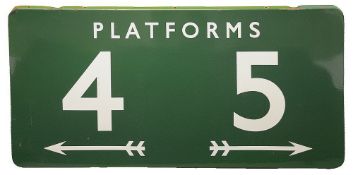 A BR(S) enamel sign displaying 'PLATFORMS / 4 & 5'with white lettering on a green ground, with two