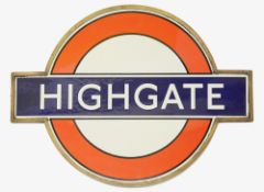 A pre-war London Underground Highgate enamel 'bullseye' roundel sign,in bronze frameheight 45.5cm,