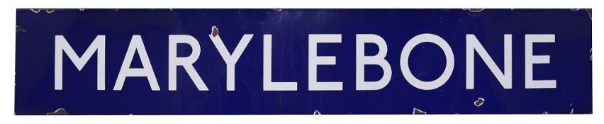A London Underground enamel station sign for Marylebone,with white lettering on a blue