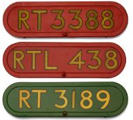 Three London Transport bus fleet number bonnet plates,the first displaying 'RT 3189', gold lettering