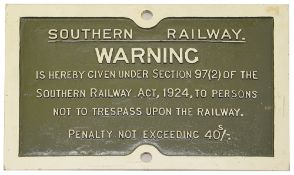 A Southern Railway cast iron trespass notice,