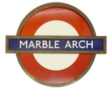 A London Underground Marble Arch enamel 'bullseye' roundel sign,with bronze frameheight 50.5cm,