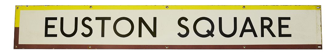 A London Underground enamel station frieze sign for Euston Square,black lettering on a white