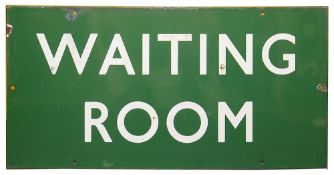 A BR(S) enamel sign displaying 'WAITING ROOM',with white lettering on a green ground, height 30.6cm,