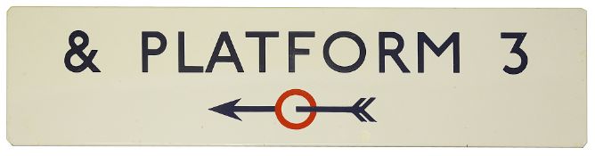 A London Underground enamel directional sign displaying '& PLATFORM 3',with blue lettering on a