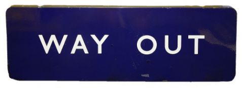 A BR(E) enamel sign displaying 'WAY OUT'with white lettering on a blue groundheight 30.5cm, width