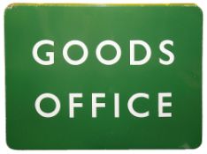 A BR(S) enamel sign displaying 'GOODS OFFICE',with white letters on a green groundheight 45.7cm,