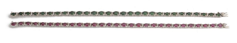 A ruby and diamond line bracelet and a matching emerald bracelet