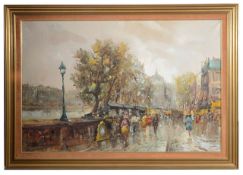Salvadore Demone (Italian, b.1928) 'Parisian street scene with view of the Seine', oil on canvas