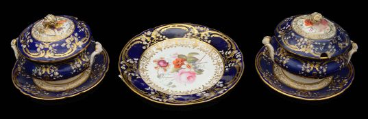 A pair of Coalport sauce tureens and stands and a dessert plate c.1820