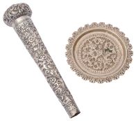 A late 19th c. Indian Colonial Kutch silver umbrella / walking cane handle c.1900 and a pin dish