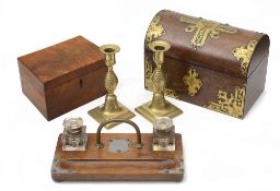 A Vict. domed burr walnut cut brass mounted tea caddy; others