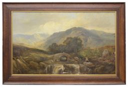 Joseph Adam (Scottish, 1819-1886) 'Highland landscape with a stone bridge', oil on canvas