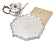 A George V presentation silver salver and teapot