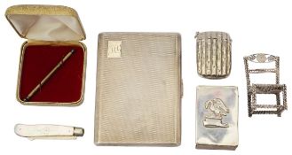 A George VI silver engine turned cigarette case and other silver items