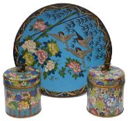 Early 20th c. Chinese cloisonnŽ enamel covered jars; Japanese Meiji period cloisonnŽ enamel charger