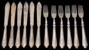 A set of six modern silver fish knives and forks