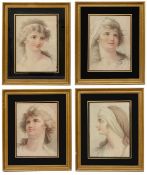 A set of four early 19th c. colour stipple engraving portraits of young women c.1810