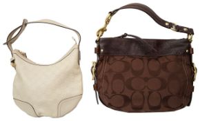 A Gucci light beige monogrammed shoulder bag and a Coach brown leather shoulder bag