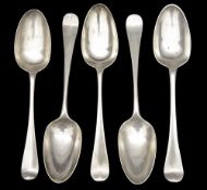 Five George II/III silver Old English pattern tablespoons