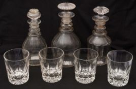 A set of four Victorian 'Last Drop' whisky tumblers c.1870 and three early 19th c. decanters