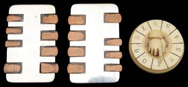 Two late Vict. silver and wood whist markers and an ivory example