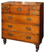 A late 19th century brass bound teak campaign secretaire chest