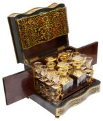 A 19th c. Fr. ebonised and red boulle work tabletop decanter box