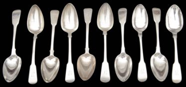 A set matched of ten, George III / IV silver fiddle pattern desert spoons