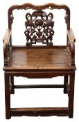 A 19th century Chinese carved hardwood open armchair