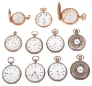 A collection of silver and gold plated pocket watches