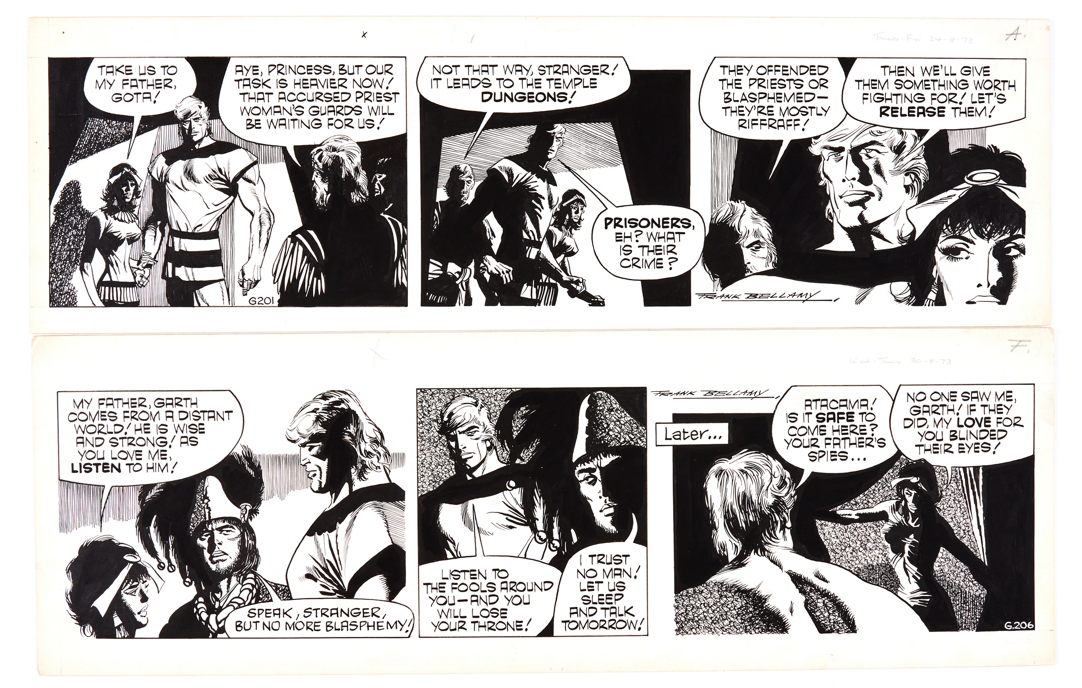 Garth: 'The Mask of Atacama' two original artworks drawn and signed by Frank Bellamy for the D.