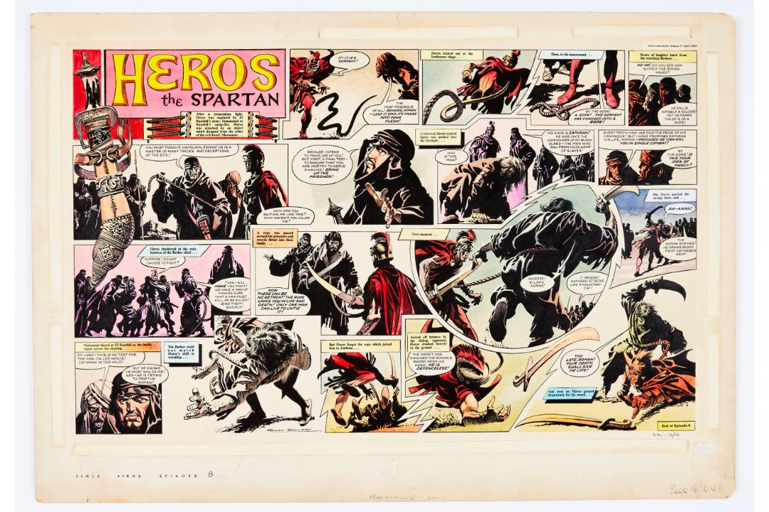 Heros the Spartan original double-page artwork (1965) painted and signed by Frank Bellamy. From