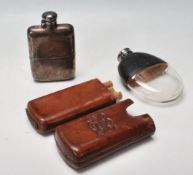 SILVER PLATED HIP FLASKS & LEATHER CIGAR HOLDER