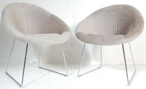 TWO RETRO 20TH CENTURY DANISH INSPIRED TUB CHAIR / EGG CHAIRS WITH FIBREGLASS SHELL AND CHROME LEGS