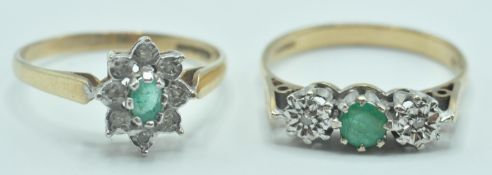 9CT GOLD EMERALD & DIAMOND 3 STONE RING & ANOTHER
