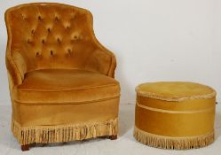 VINTAGE RETRO 20TH CENTURY TUB CHAIR / BEDROOM CHAIR TOGETHER WITH A MATCHING FOOTSTOOL