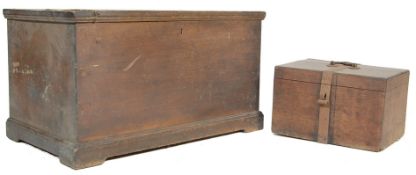 A 19TH CENTURY VICTORIAN OAK BLANKET CHEST AND SMALL WOODEN AND IRON STRONGBOX