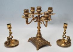TWO 20TH CENTURY ANTIQUE STYLE BRASS CANDLESTICKS WITH DRAGON HANDLES