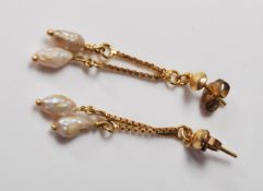 PAIR OF 18CT GOLD AND BAROQUE PEARL DROP EARRINGS