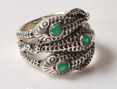 SILVER SNAKE RING SET WITH GREEN STONES